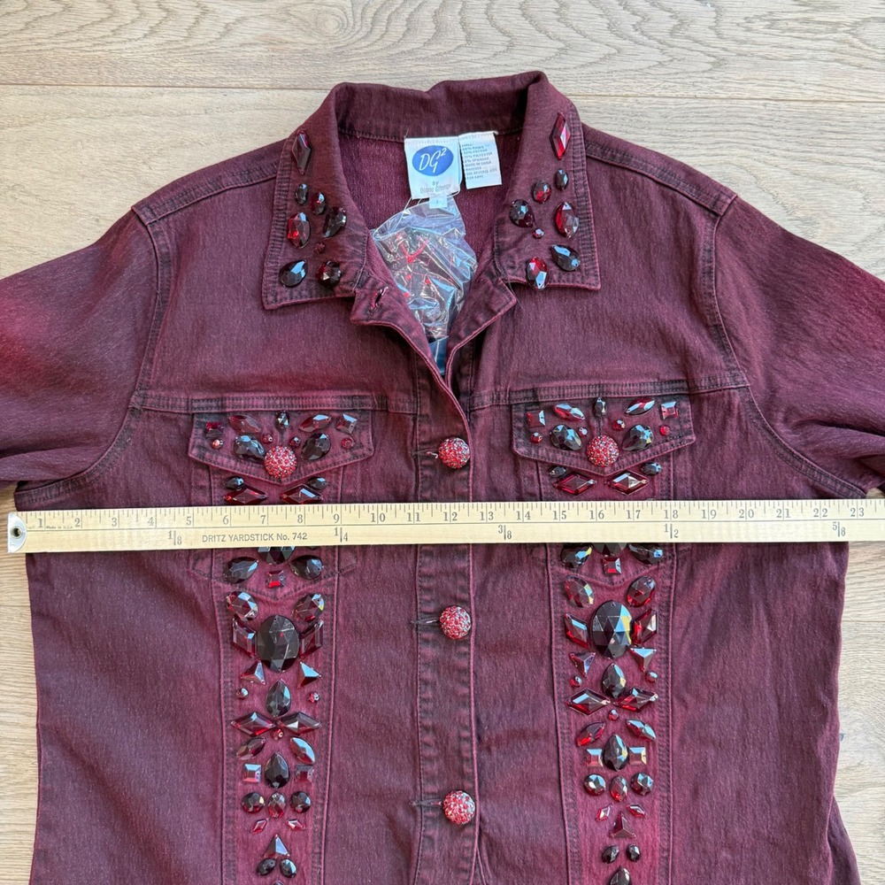 Diane Gilman DG2 Embellished Denim Jacket Burgundy Red Crystal Buttons Size L - Picture 11 of 11